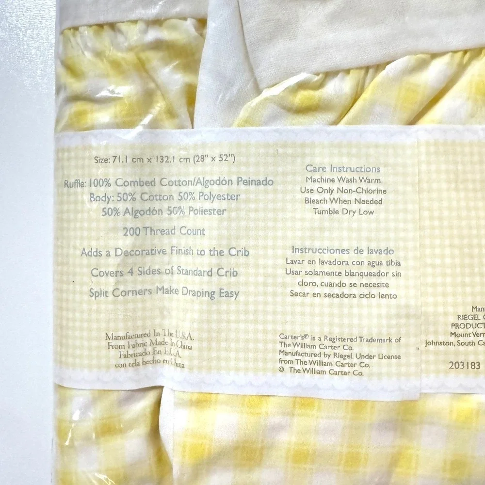 Vintage NIP Carter's Baby Crib Skirt Dust Ruffle Yellow Gingham Cotton Nursery